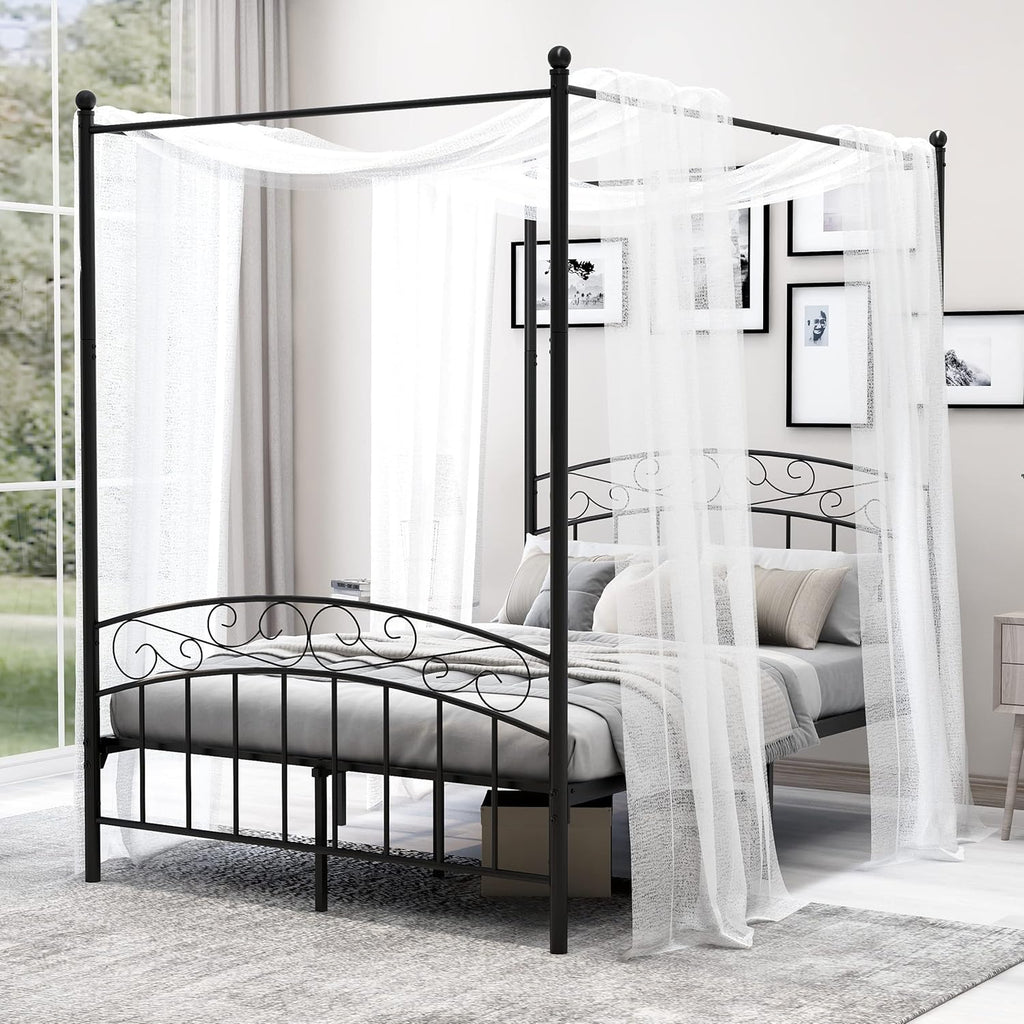 White Queen Size Metal Canopy Bed Frame with Headboard and Footboard P10038