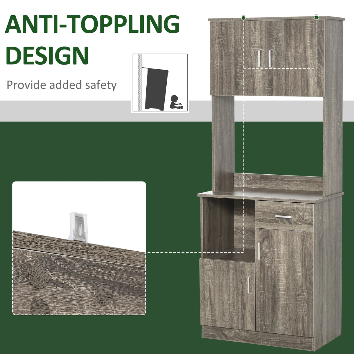 Gray Kitchen Pantry Storage Cabinet with Microwave Stand J81440