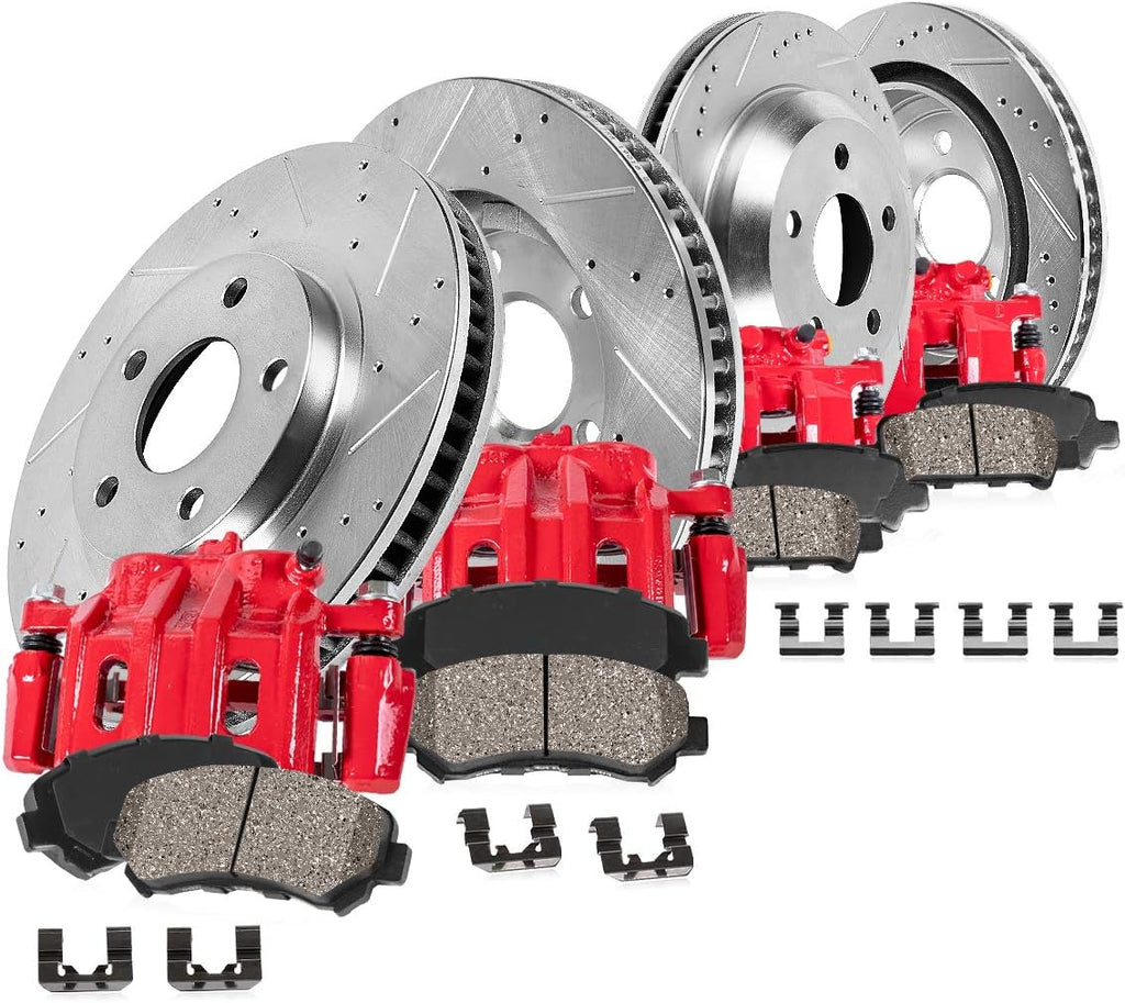 Red Calipers Drilled Slotted Rotors Ceramic Brake Pads Hardware Kit O5208