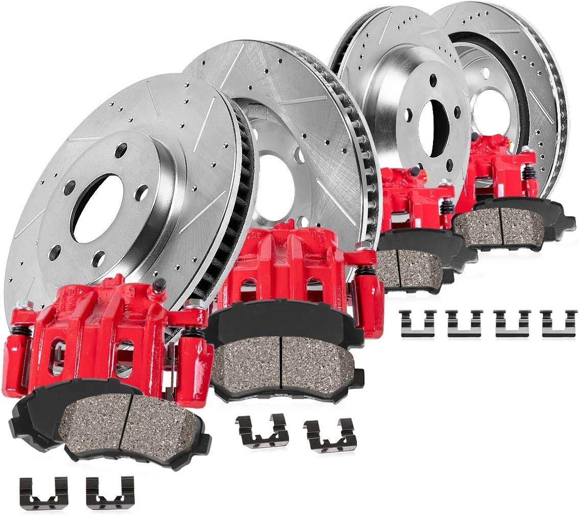 Red Calipers Drilled Slotted Rotors Ceramic Brake Pads Hardware Kit O5208