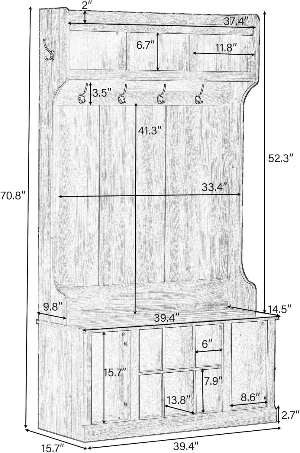 White Hall Tree with Bench and 6 Hooks C568529
