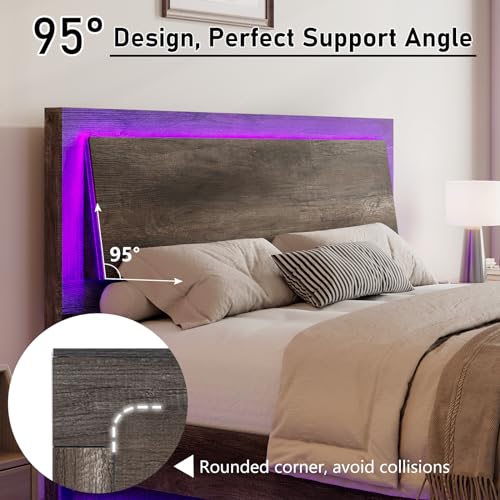Rustic Grey Full Size Platform Bed Frame with Headboard and LED Light C322524