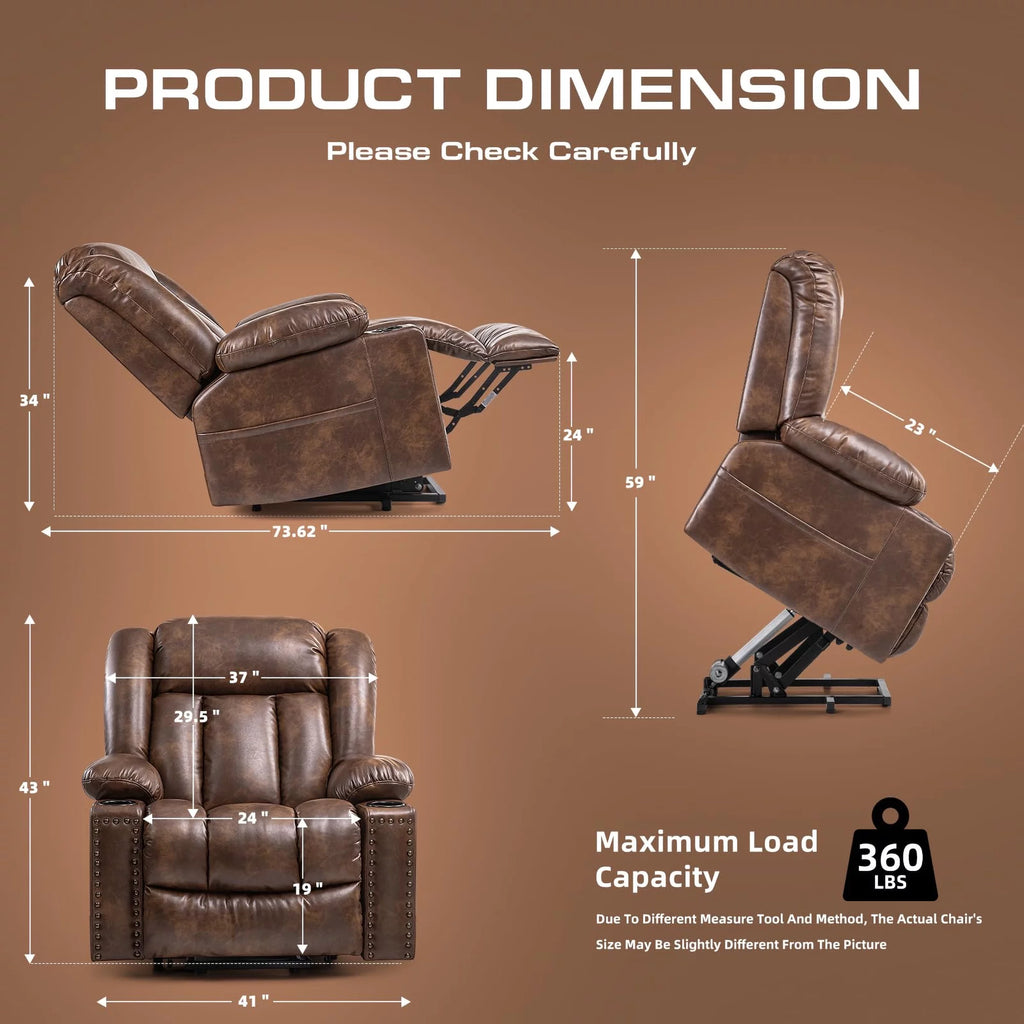 Brown Wide Breathable Leather Power Lift Recliner with Massage and Heat U943362