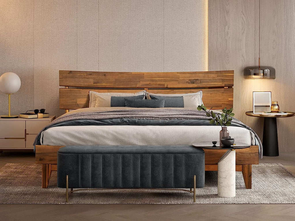 14 Inch Wood Platform Bed with Headboard Queen Size Caramel G578