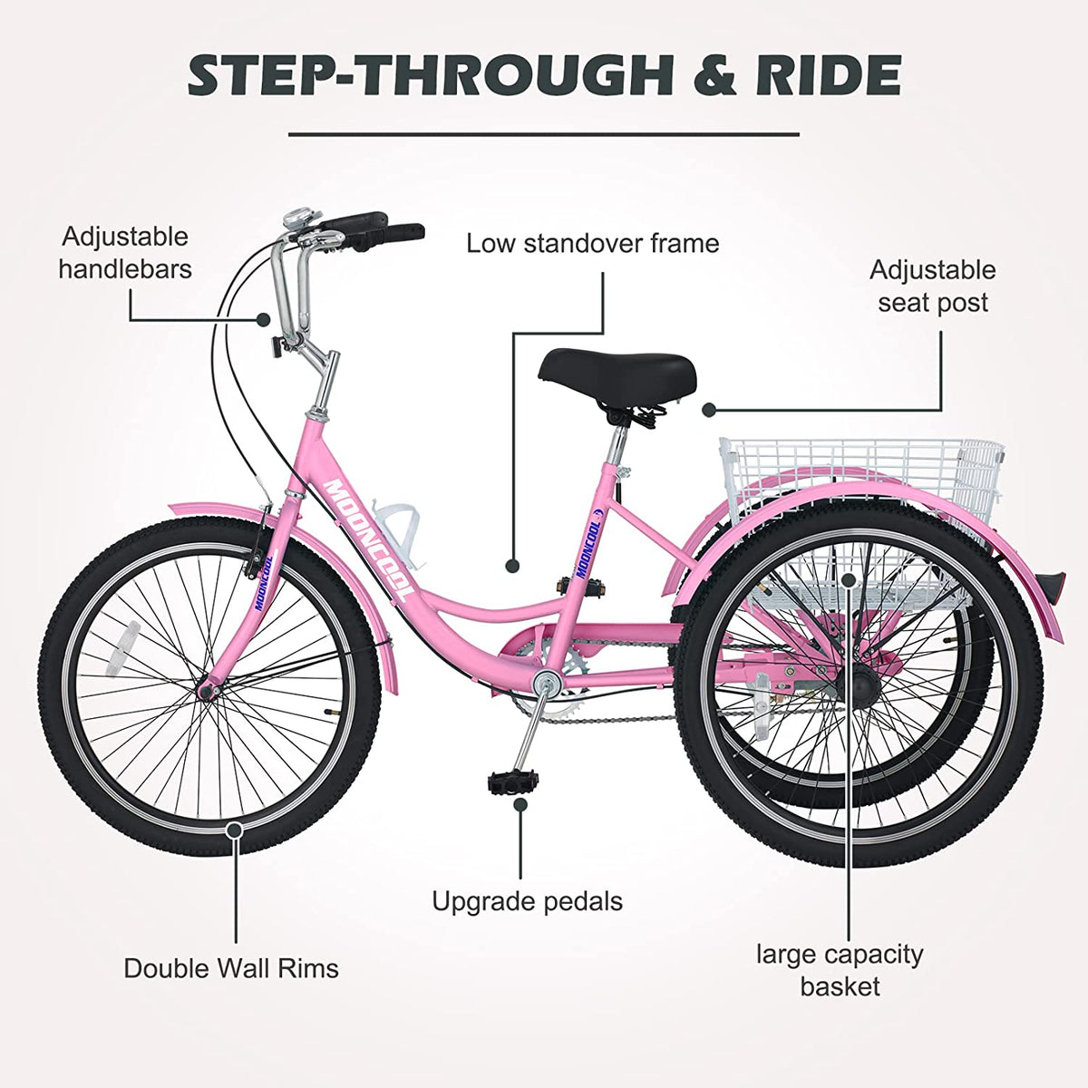 Adult Tricycle 24 inch 7 Speed 3 Wheel Bike with Large Size Basket E998
