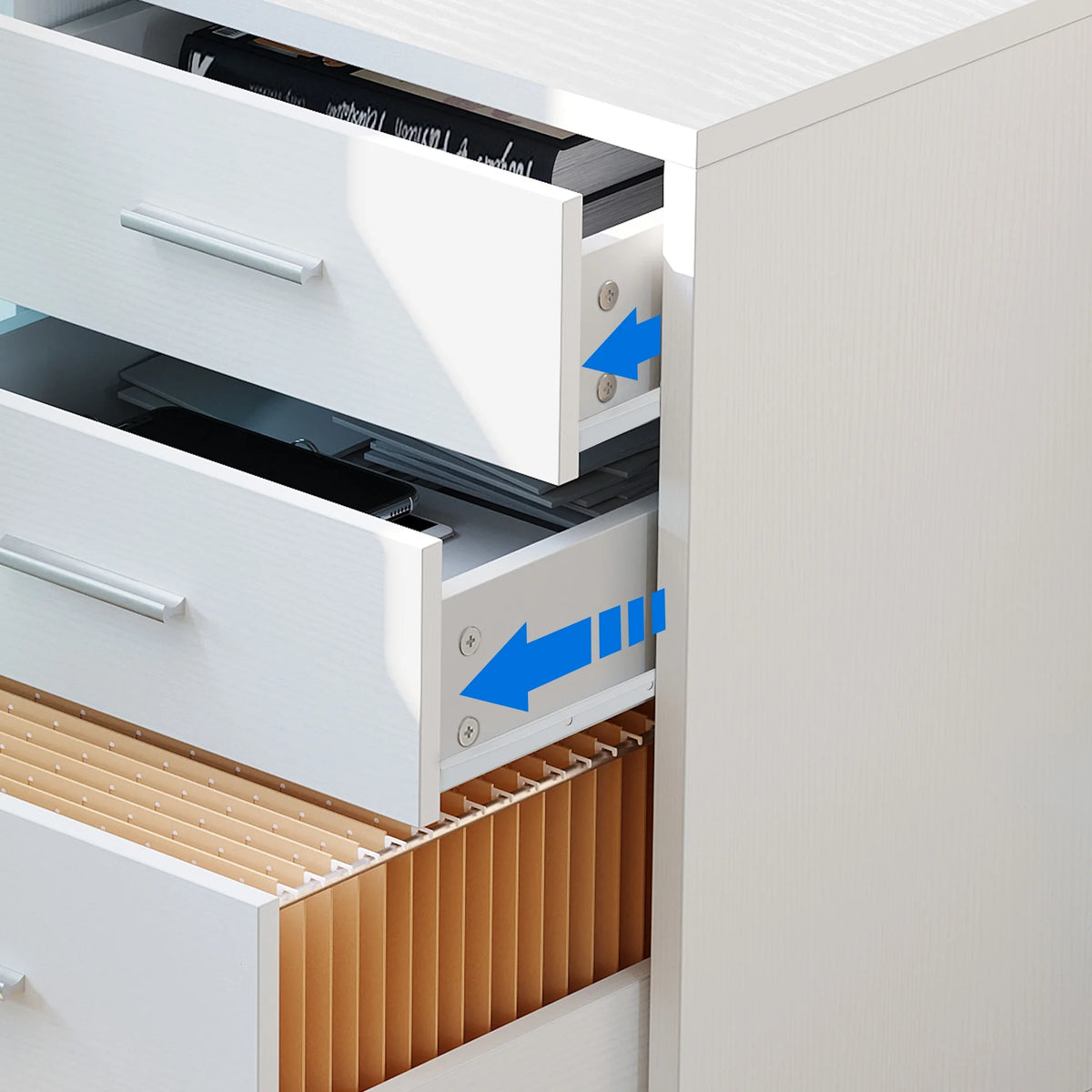 White L Shaped Desk with Power Outlets and Monitor Stand, 3 Drawers, 4 Open Storage Shelves W80917