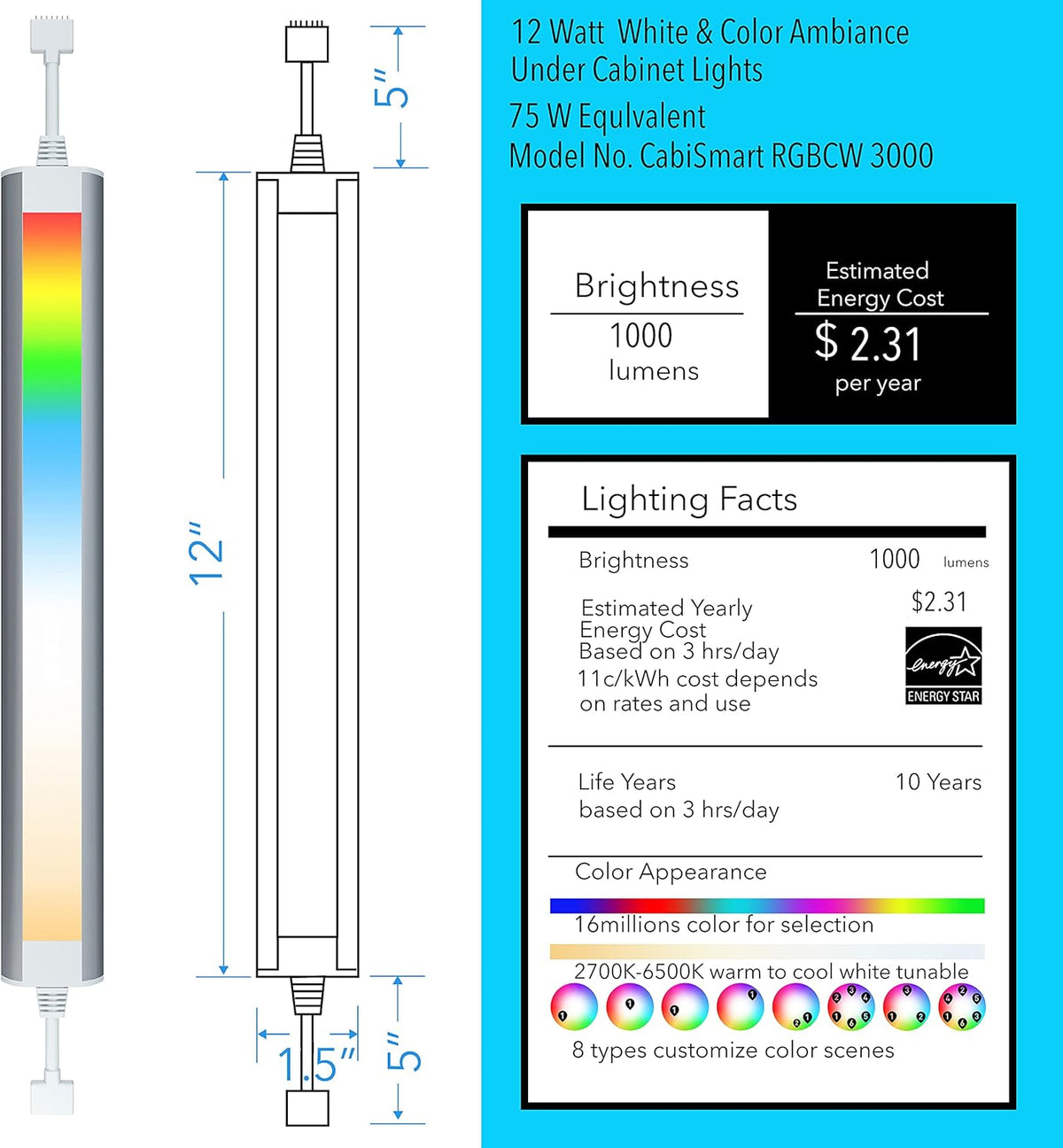 Under Cabinet Lighting Strip Lights White and Multi Color Dimmable 3 Lights Bar kit Pack of 2 G209386
