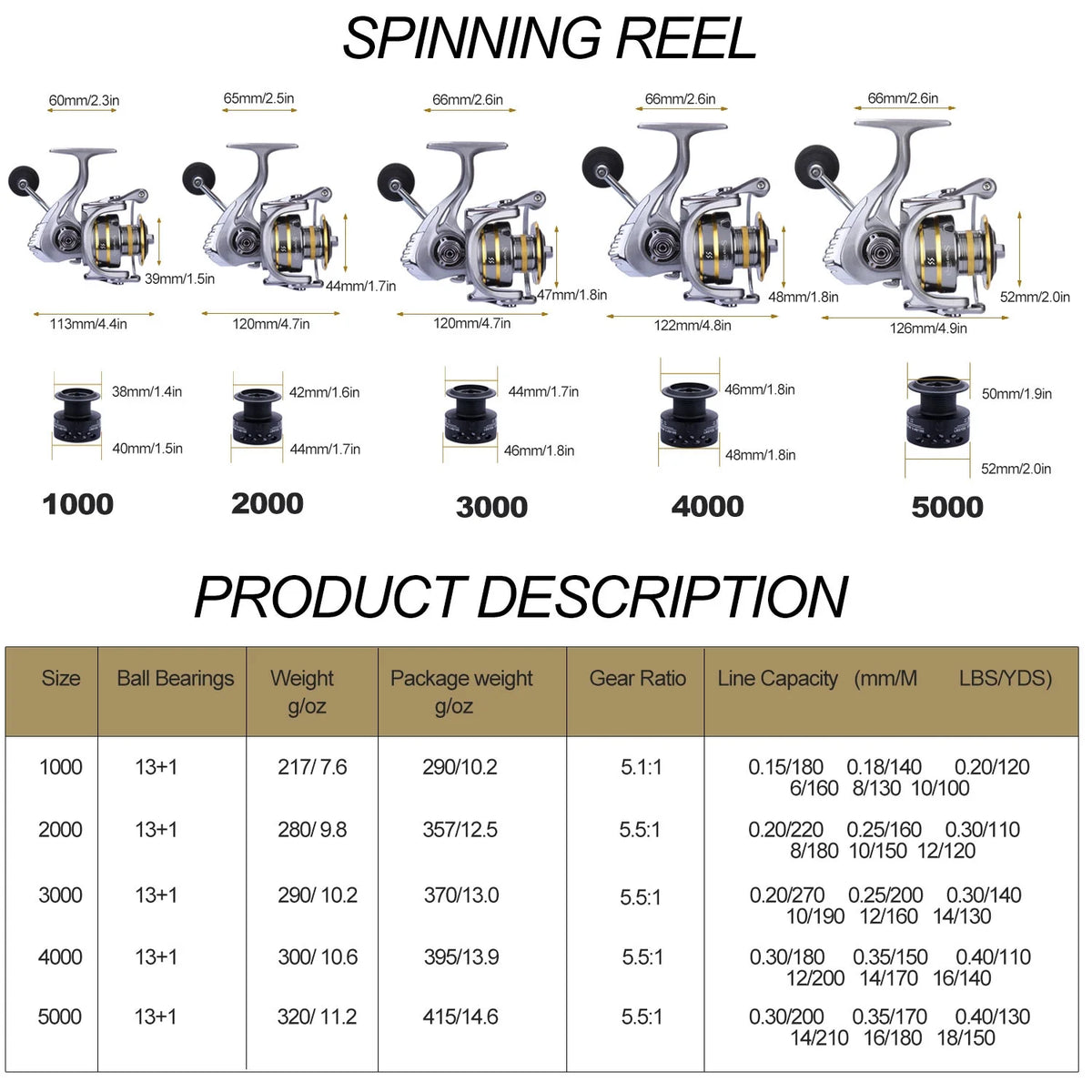 13+1 Ball Bearings Metal Body Spinning Fishing Reel P268705