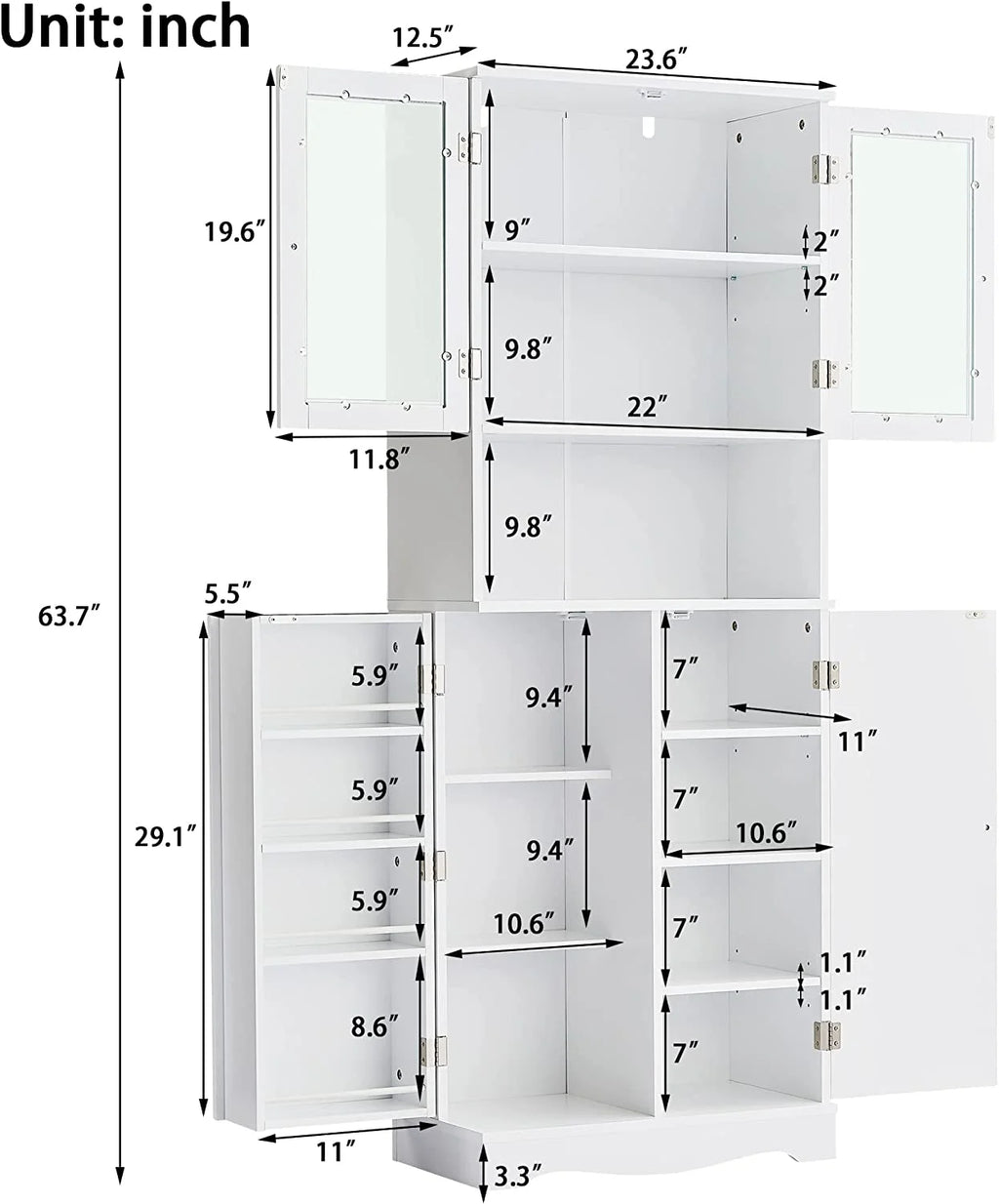 White Bathroom Storage Cabinet with Glass Doors and Adjustable Shelves Z169