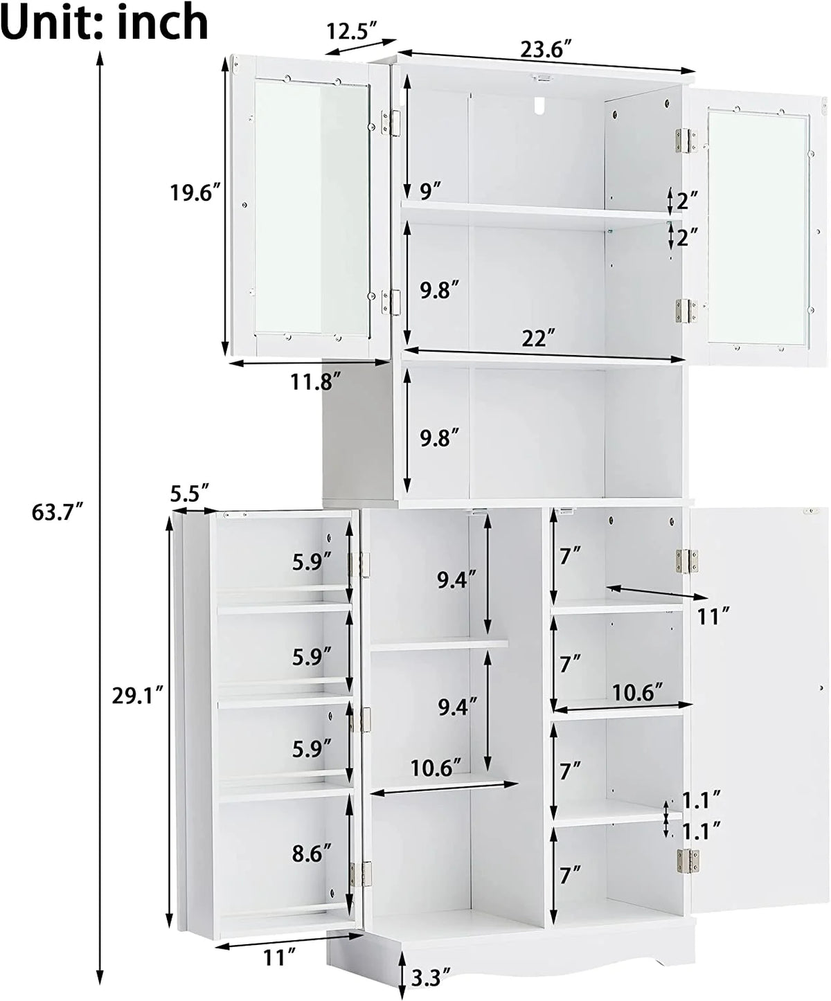 White Bathroom Storage Cabinet with Glass Doors and Adjustable Shelves Z169
