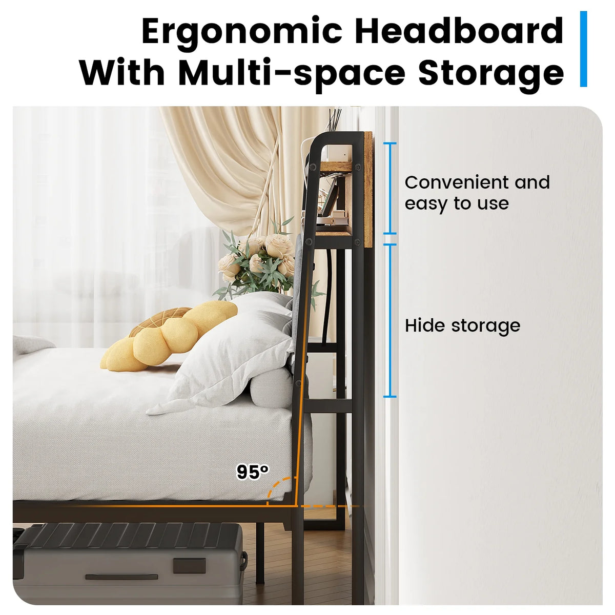 Twin Size Metal Bed Frame with Storage Headboard S4674