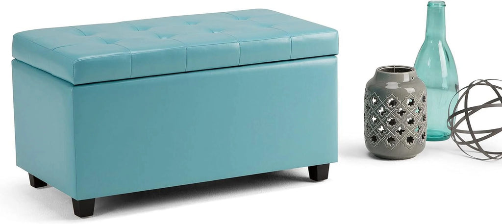 Soft Blue Tufted Faux Leather Lift Top Storage Ottoman N7051