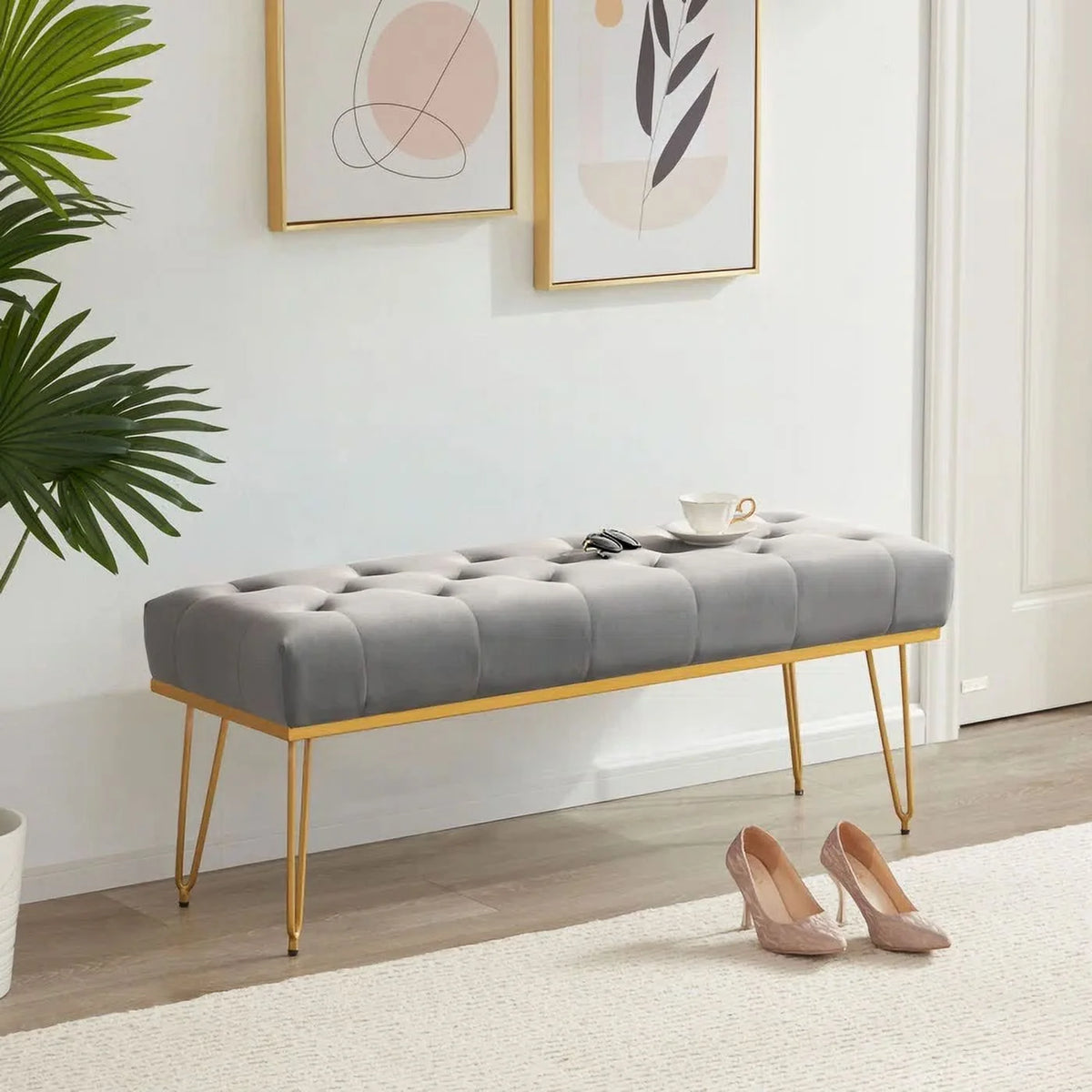 Gray and Golden Velvet Ottoman with Metal Base X68989