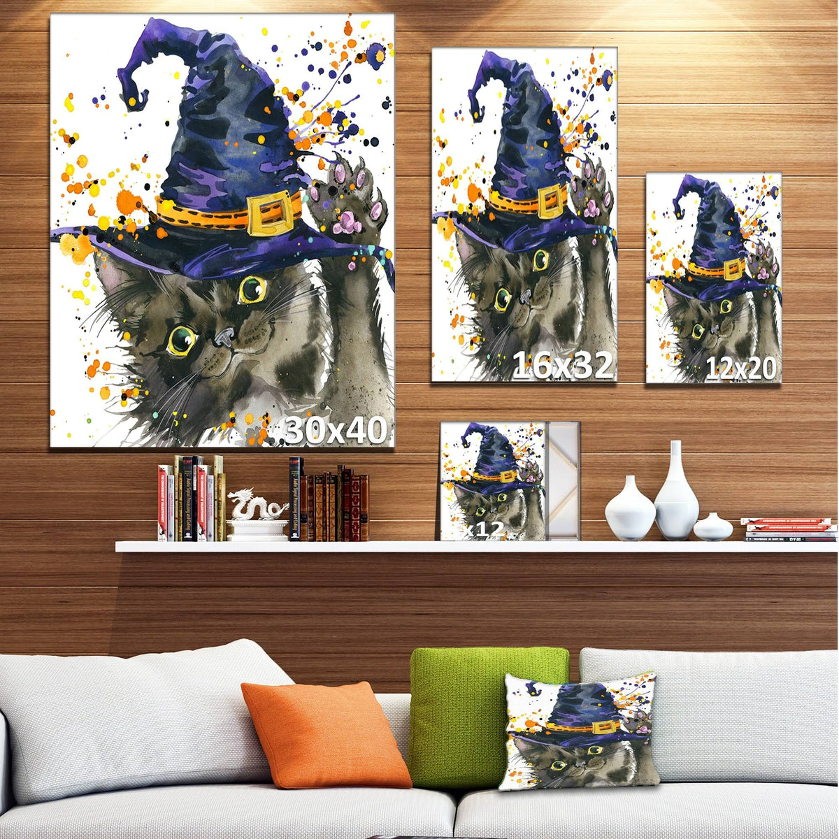 Halloween Cat and Witch Hat Canvas Art - 16 x 32 in. B2829