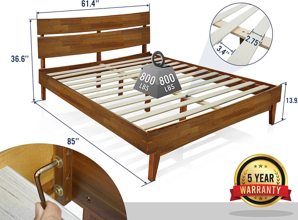 14 Inch Wood Platform Bed with Headboard Queen Size Caramel G578
