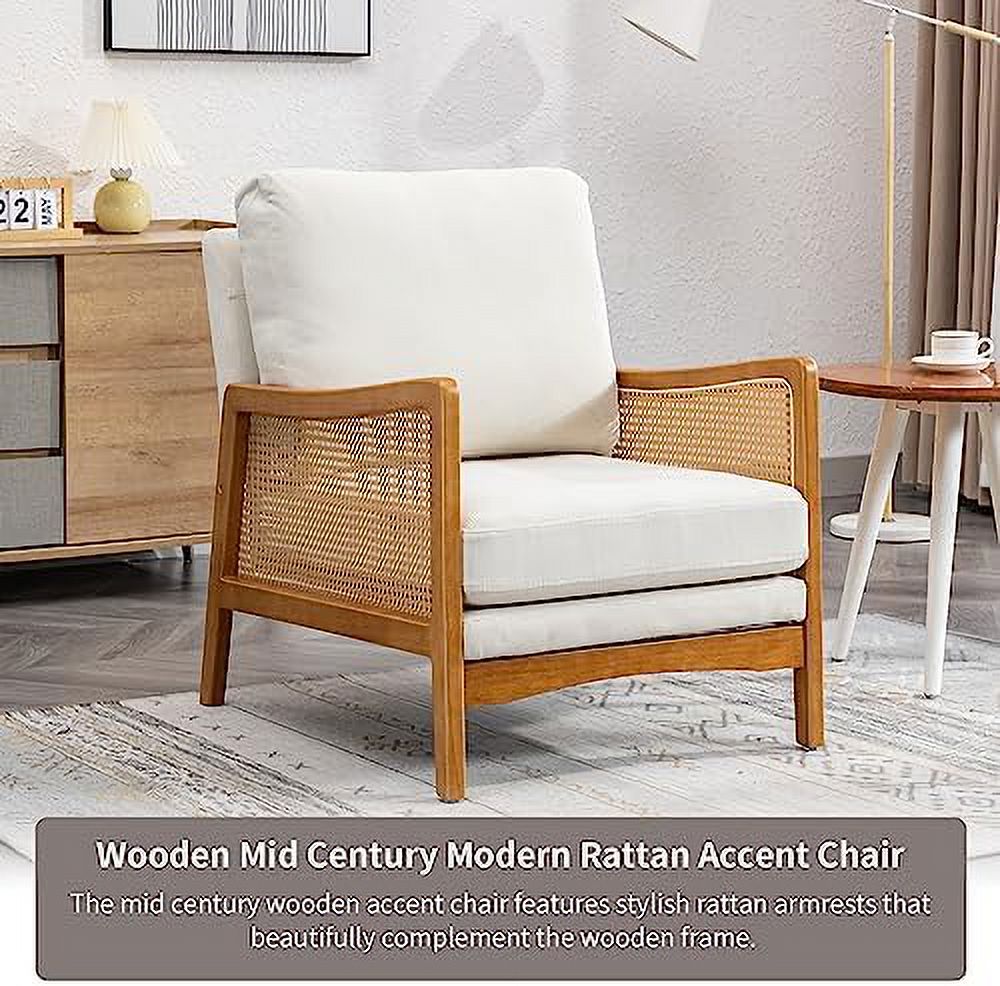 Beige Velvet Upholstered Accent Chair with Rattan Armrest S69371