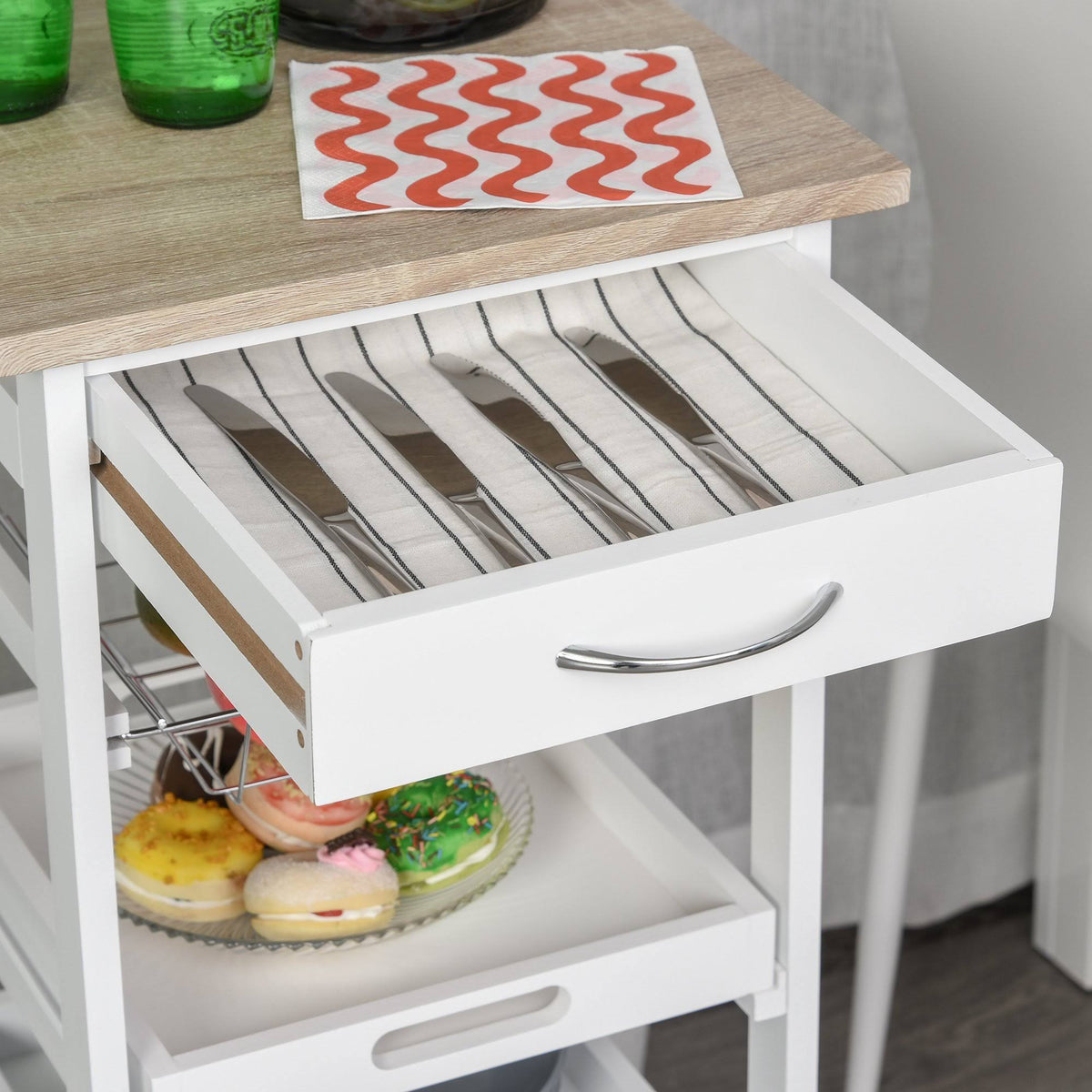 White Mobile Rolling Kitchen Island Trolley Serving Cart with Drawer and Wire Storage Basket P4691