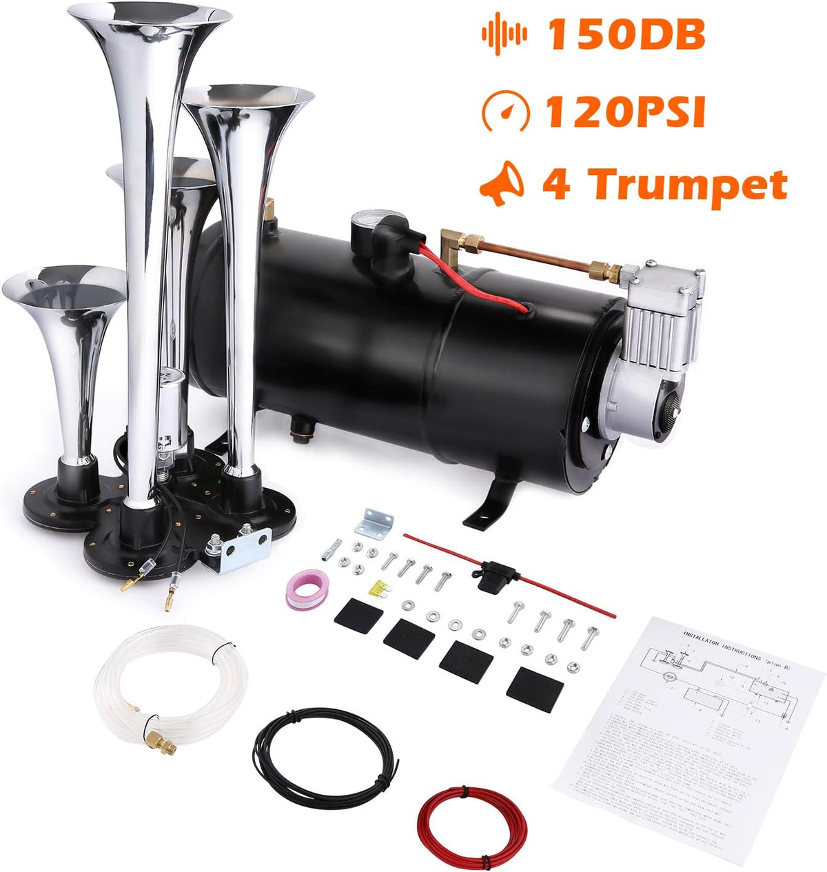 150DB Train Air Horn Kit, 4 Trumpet Loud Train Horns with 120 PSI Air Compressor J926168
