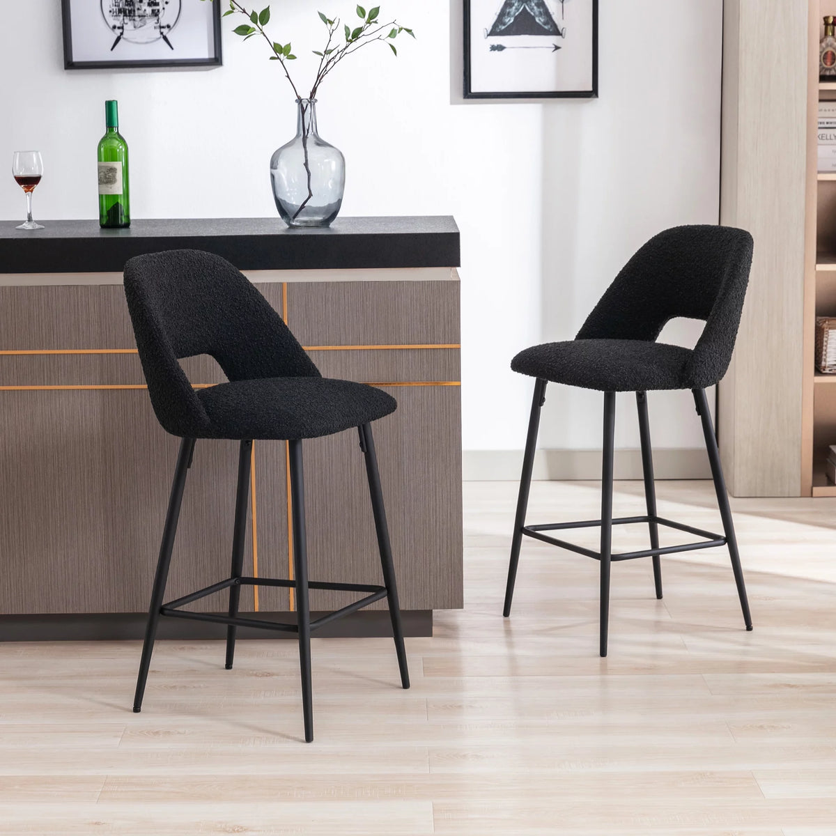 Boucle Fabric Barstools Set of 2 with Black Metal Legs Z613444