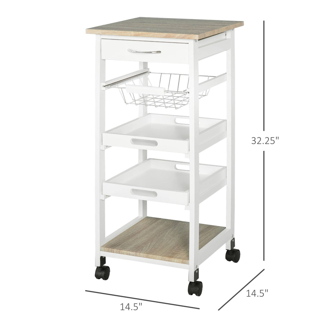 White Mobile Rolling Kitchen Island Trolley Serving Cart with Drawer and Wire Storage Basket P4691