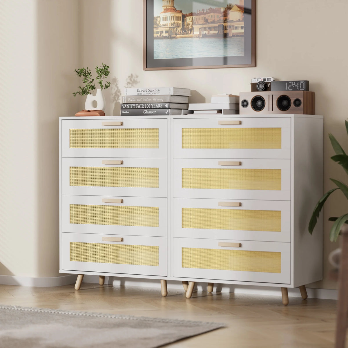 White Rattan 4 Drawer Dresser Set of 2 O1944