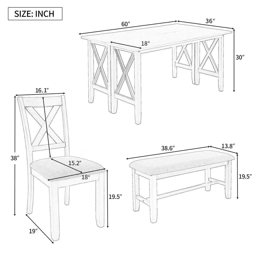 6-Piece Solid Wood Foldable Dining Table and 4 Chairs with Bench U424310