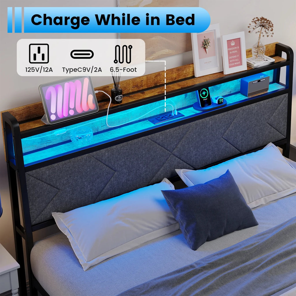 Twin Size Metal Bed Frame with Storage Headboard S4674