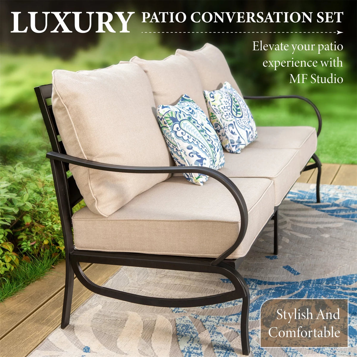 7-Seater Metal Patio Conversation Set with Rocking Sofa Beige Z53759