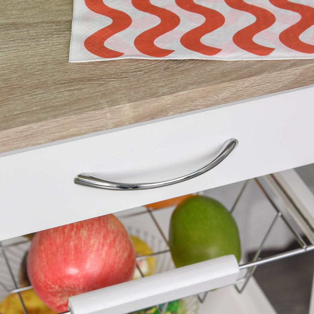 White Mobile Rolling Kitchen Island Trolley Serving Cart with Drawer and Wire Storage Basket P4691