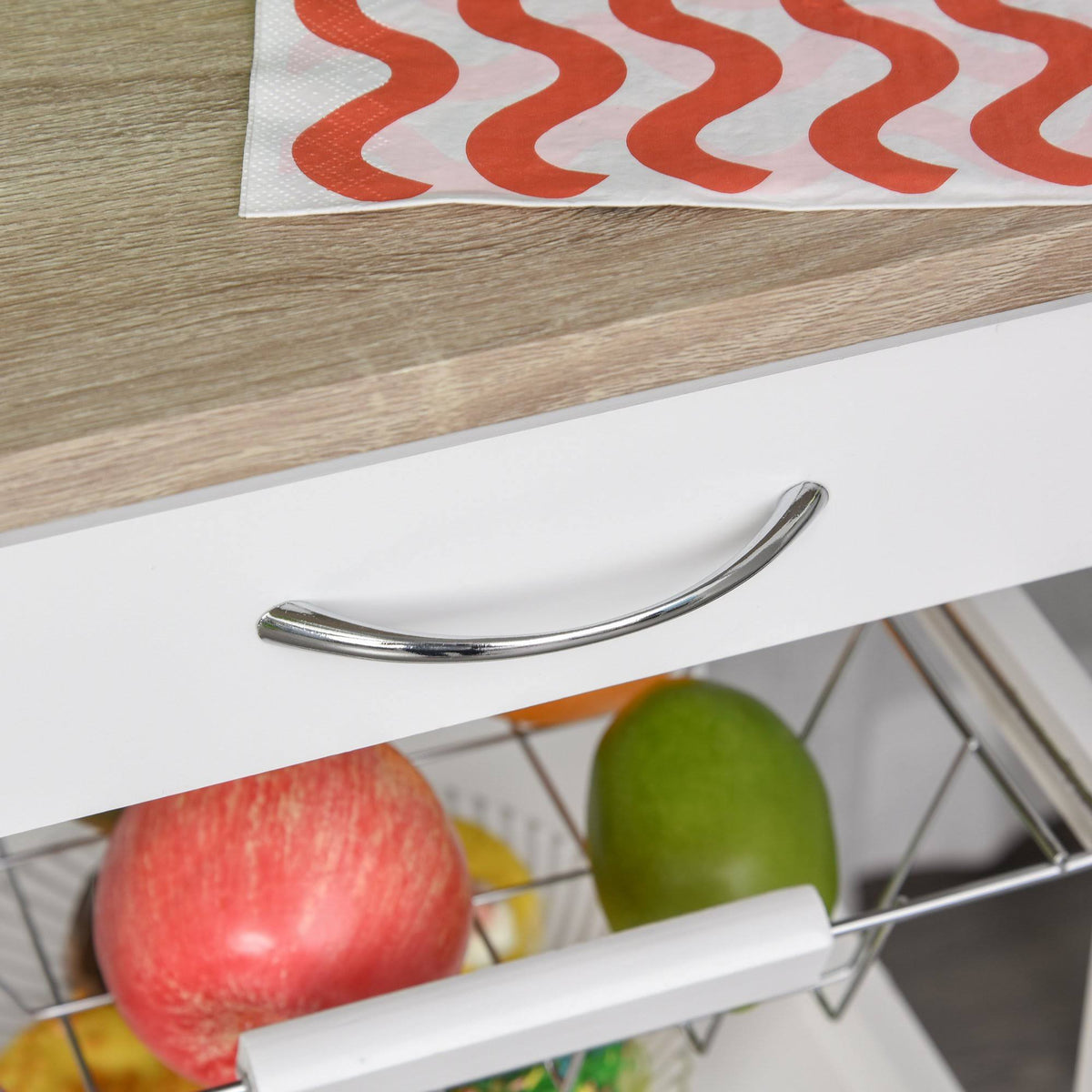 White Mobile Rolling Kitchen Island Trolley Serving Cart with Drawer and Wire Storage Basket P4691