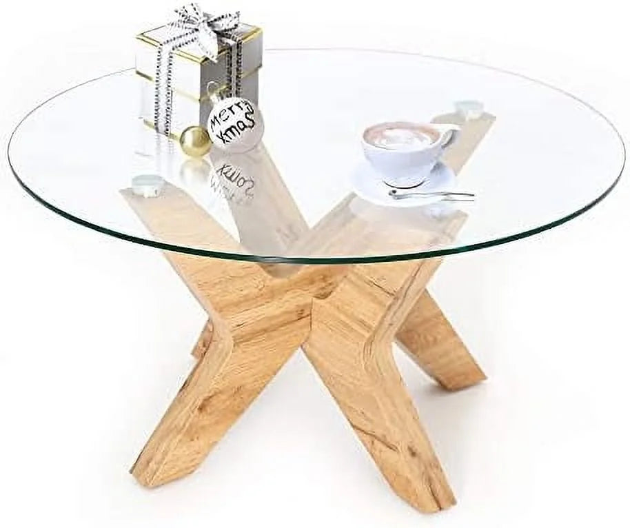 Round Glass Coffee Table with Wood Frame and Tempered Glass Top Q9859