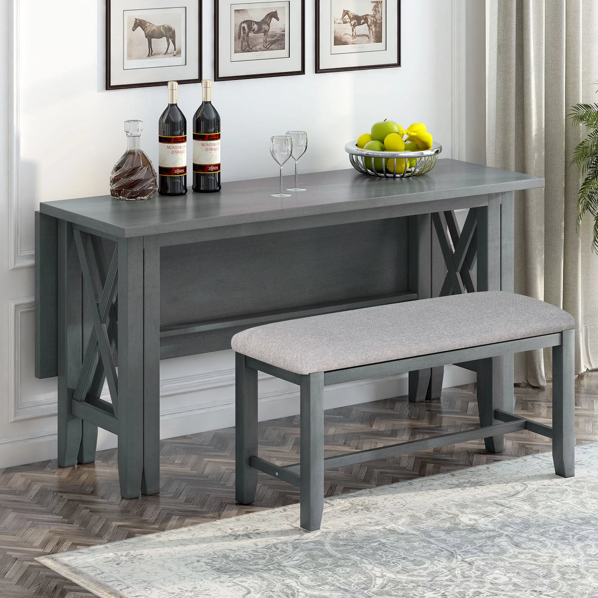 6-Piece Solid Wood Foldable Dining Table and 4 Chairs with Bench U424310