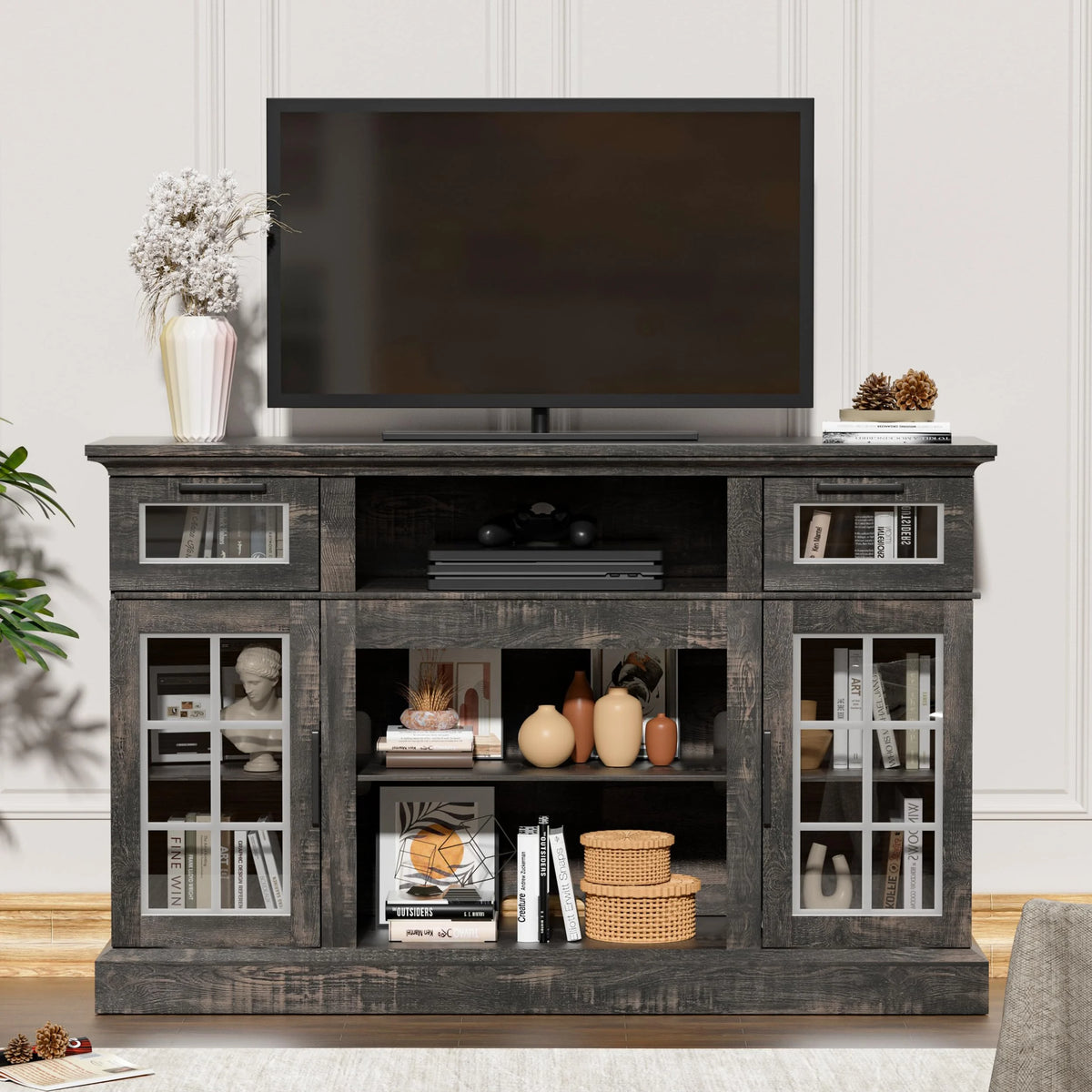 Dark Oak Tall TV Stand with Glass Door X13395
