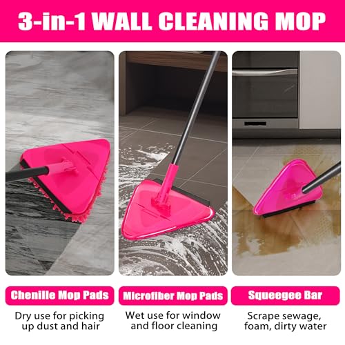 Wall Mop with Long Handle 80 inches Collapsible Baseboard Cleaner with Squeegee 3 Microfiber 3 Chenille Pads I583