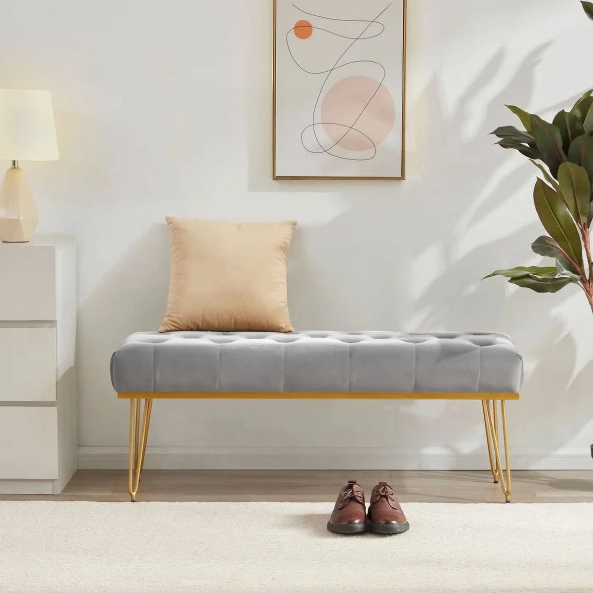 Gray and Golden Velvet Ottoman with Metal Base X68989