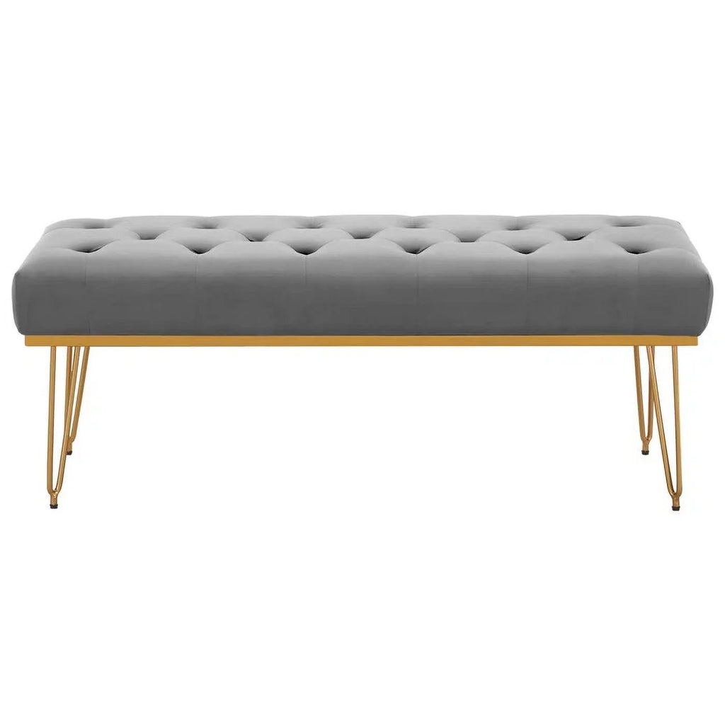 Gray and Golden Velvet Ottoman with Metal Base X68989