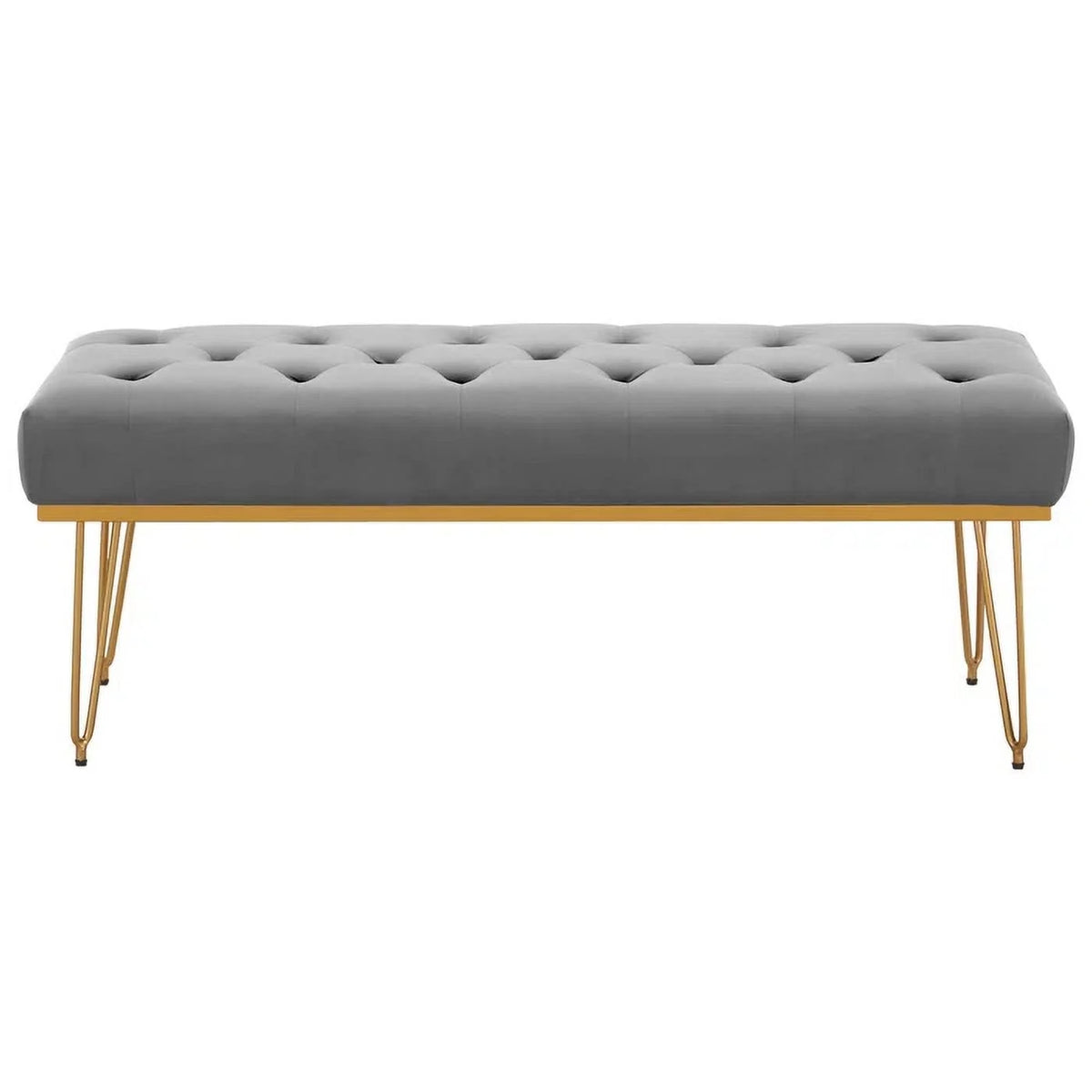Gray and Golden Velvet Ottoman with Metal Base X68989