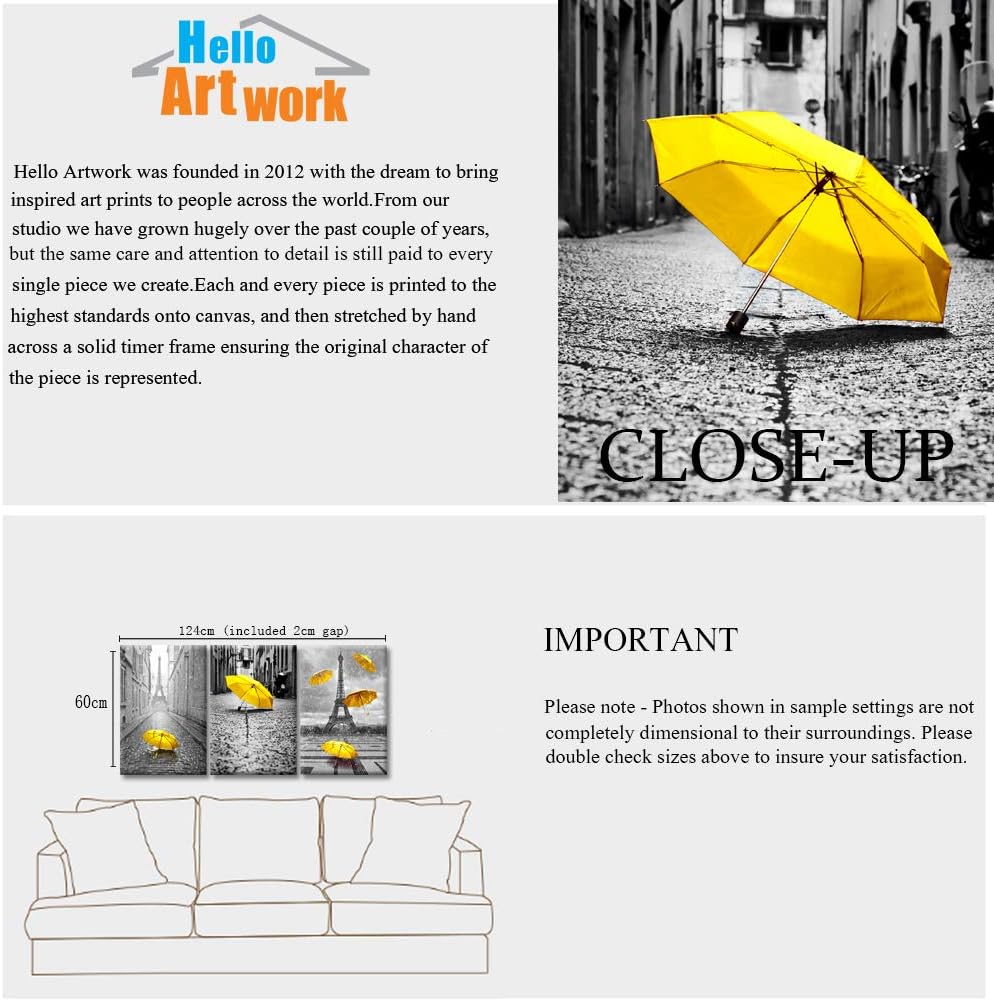 3 Pieces Paris Canvas Prints Black and White Eiffel Tower with Yellow Umbrellas Stretched Gallery Canvas Wrap Giclee Print Ready to Hang T86282