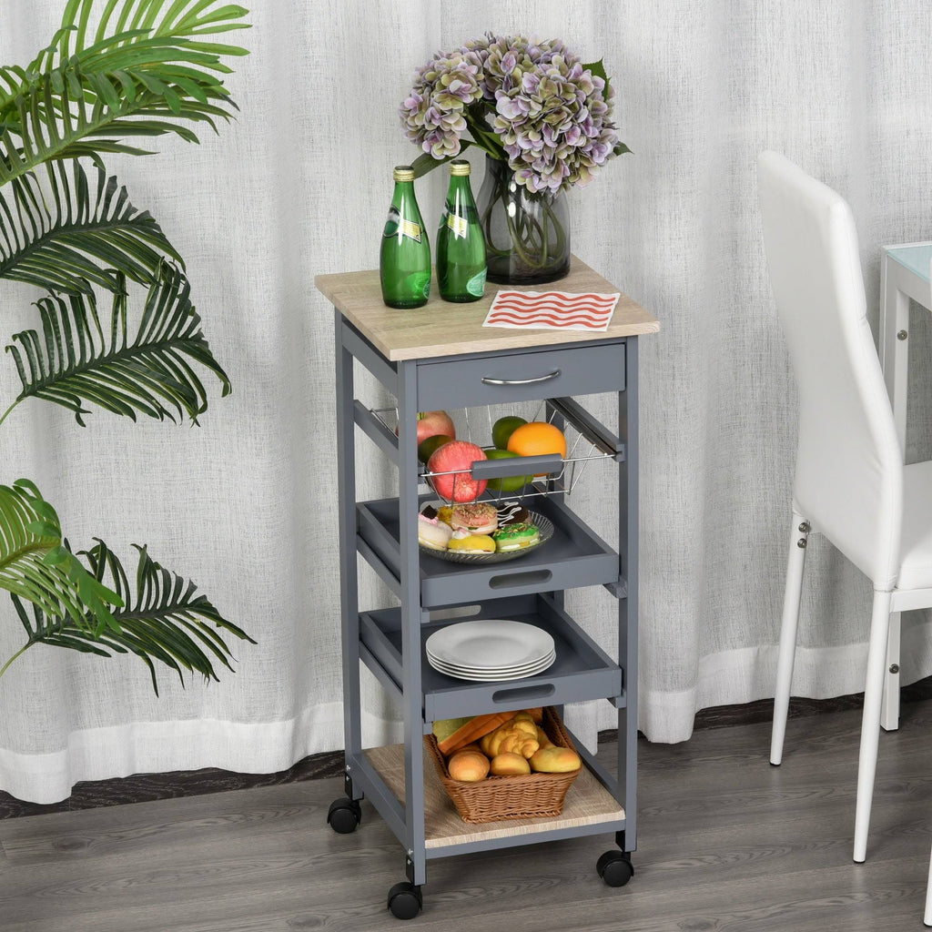 White Mobile Rolling Kitchen Island Trolley Serving Cart with Drawer and Wire Storage Basket P4691