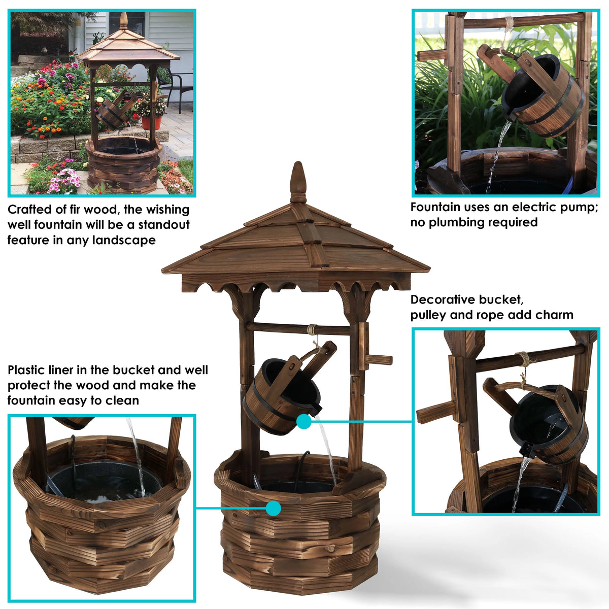 Wood Wishing Well Fountain with Liner 48" H T6532