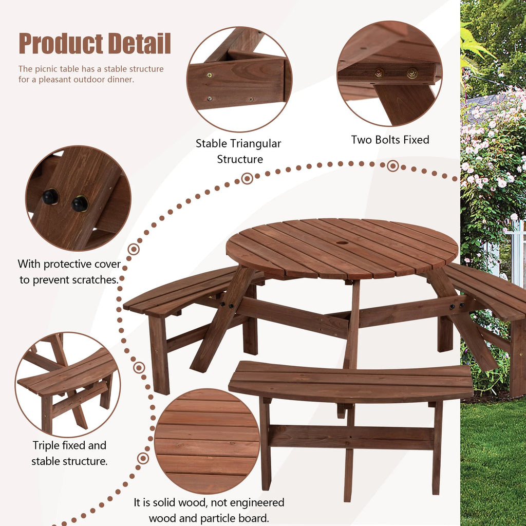6-Person Outdoor Wooden Picnic Table with 3 Built-in Benches Y622478