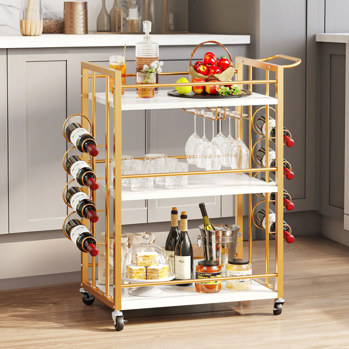 Wine Bar Cart with Wine Rack and Glass Holders N189620