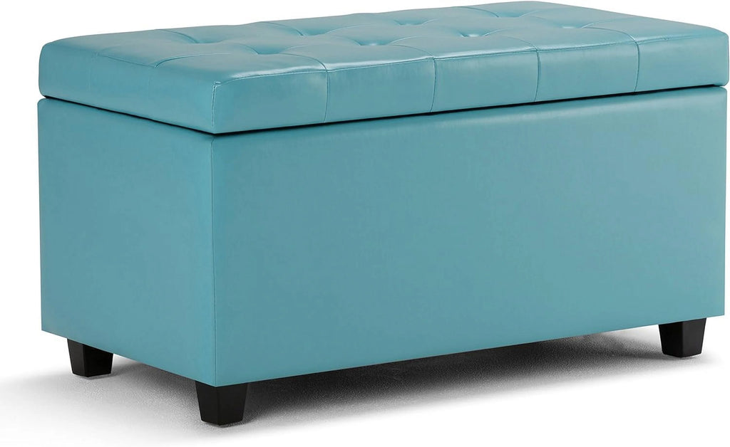 Soft Blue Tufted Faux Leather Lift Top Storage Ottoman N7051