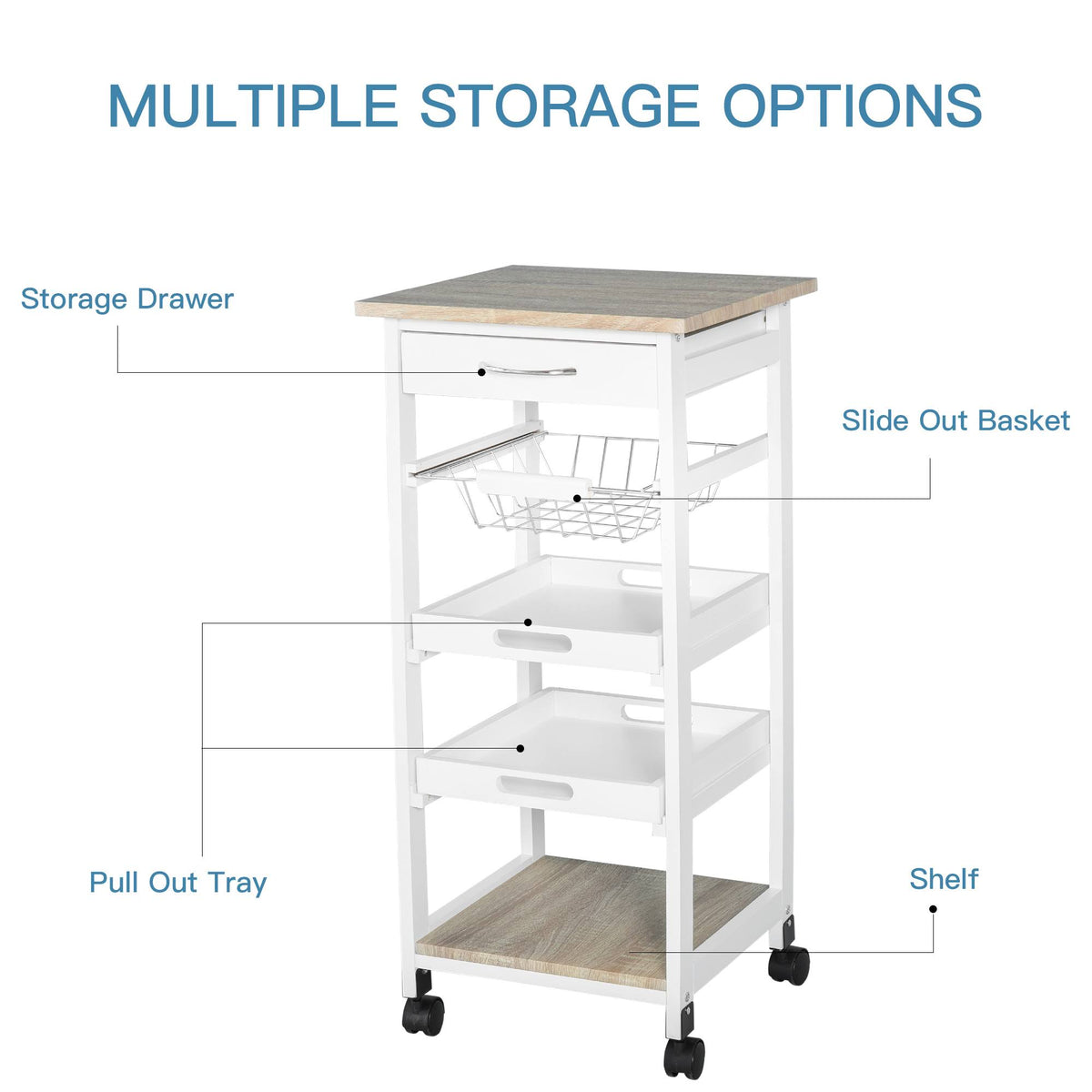 White Mobile Rolling Kitchen Island Trolley Serving Cart with Drawer and Wire Storage Basket P4691