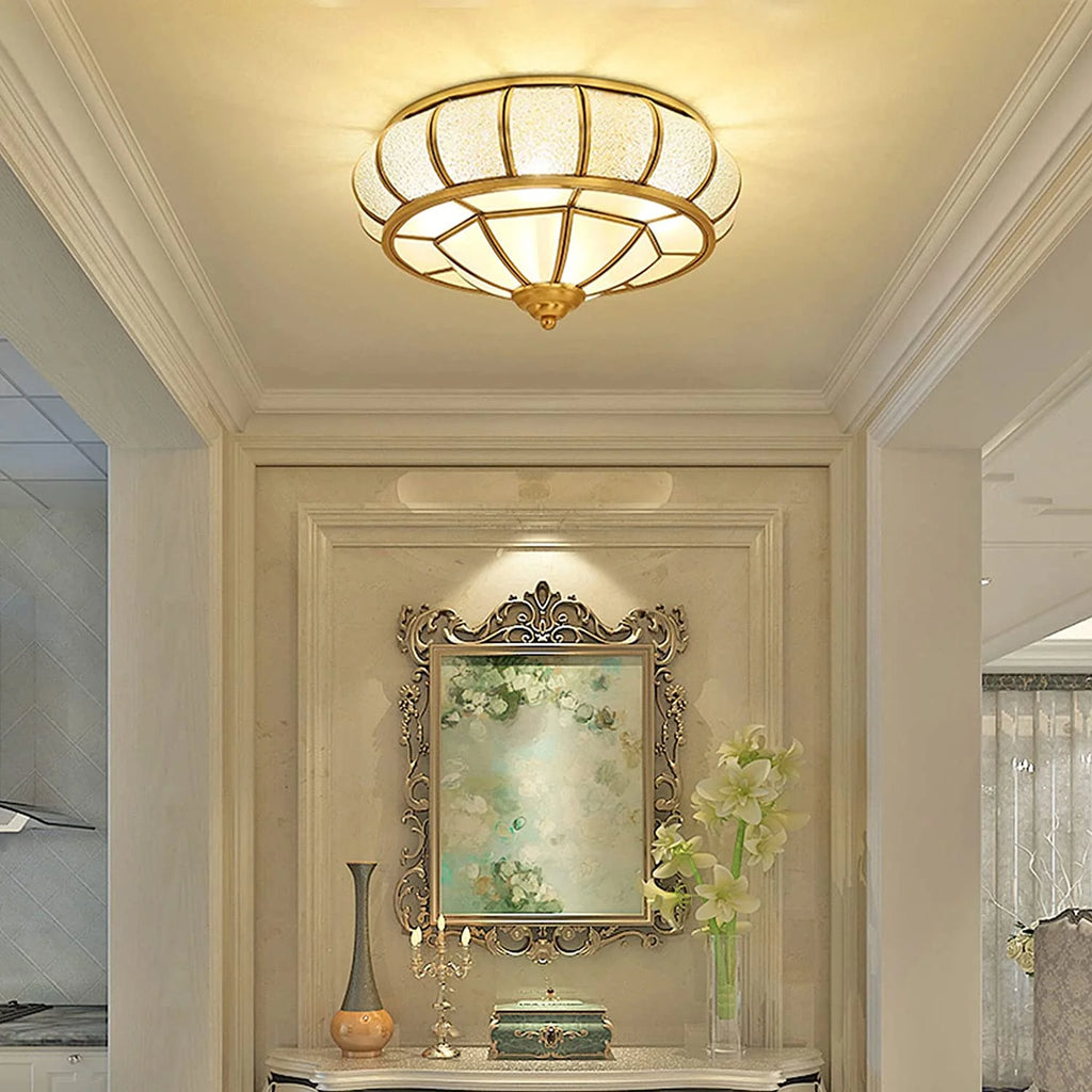 18" Antique Brass Semi Flush Mount Ceiling Light Fixture with Art Colorful Glass Shade D6344