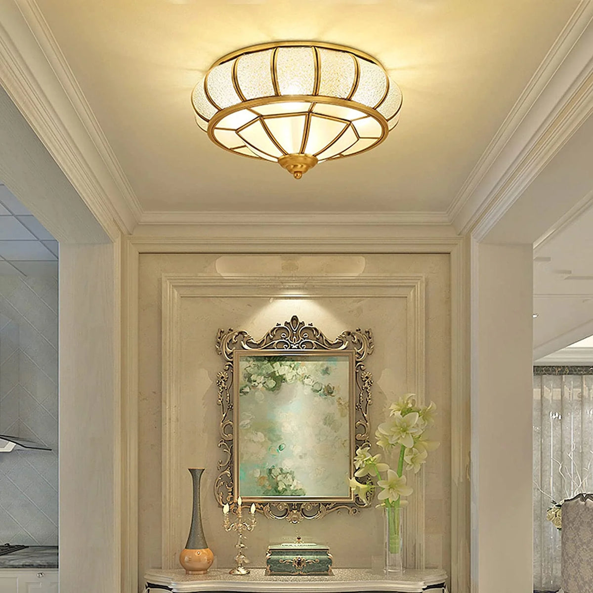 18" Antique Brass Semi Flush Mount Ceiling Light Fixture with Art Colorful Glass Shade D6344