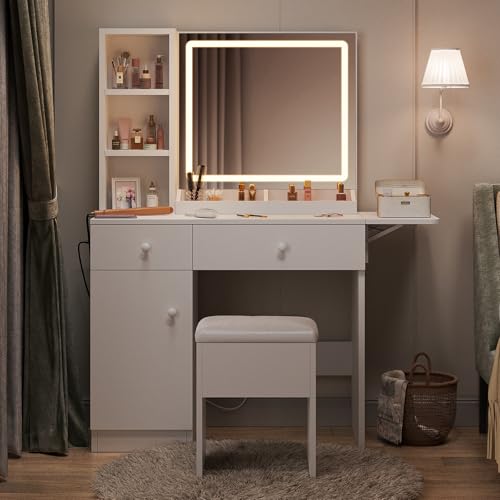 White Vanity Desk with Mirror and Lights A69407