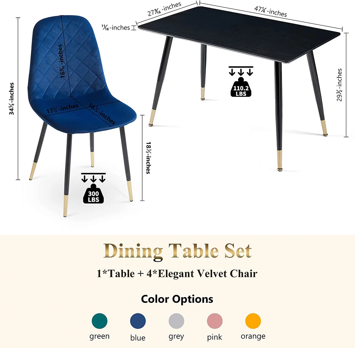 Faux Wood Rectangular Dining Table Set for 4 with Velvet Chairs N6633