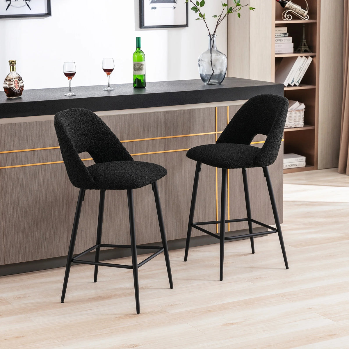 Boucle Fabric Barstools Set of 2 with Black Metal Legs Z613444