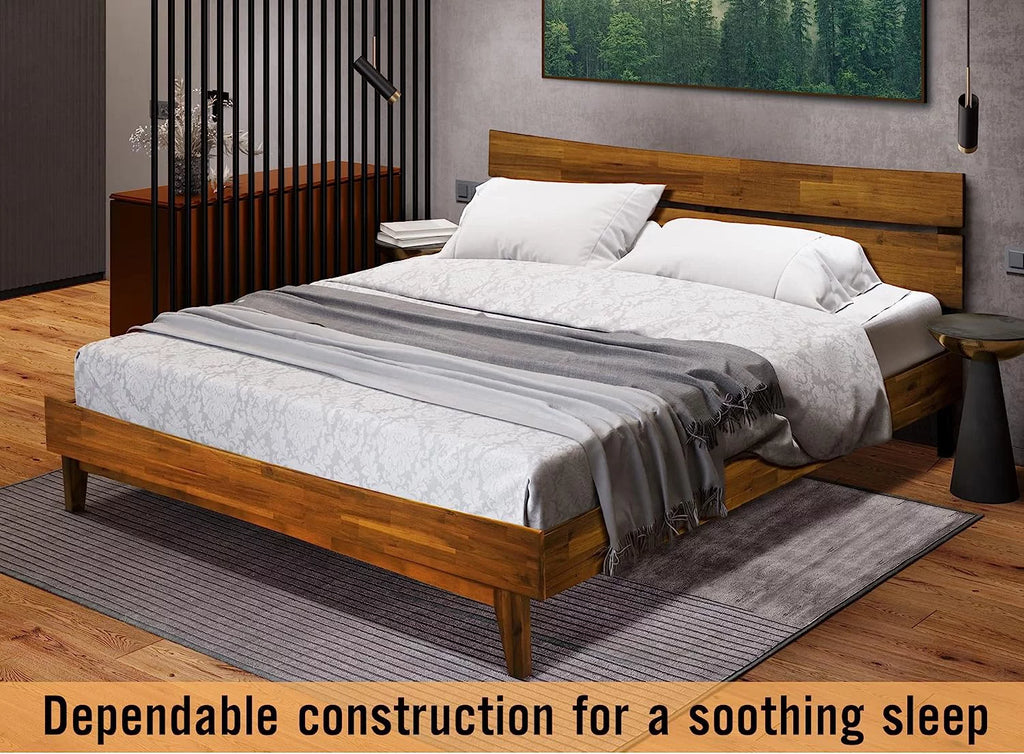 14 Inch Wood Platform Bed with Headboard Queen Size Caramel G578